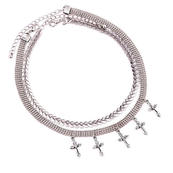 Double Layer Cross Pendant Necklace Choker Silver - Picture 2 of 4